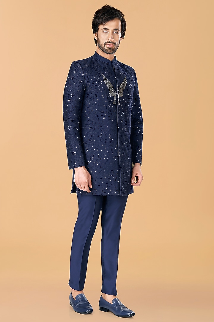 Midnight Blue Cotton Silk Crystal Bird Motif & Thread Embroidered Wedding Bandhgala Set by SURBHI PANSARI at Pernia's Pop Up Shop