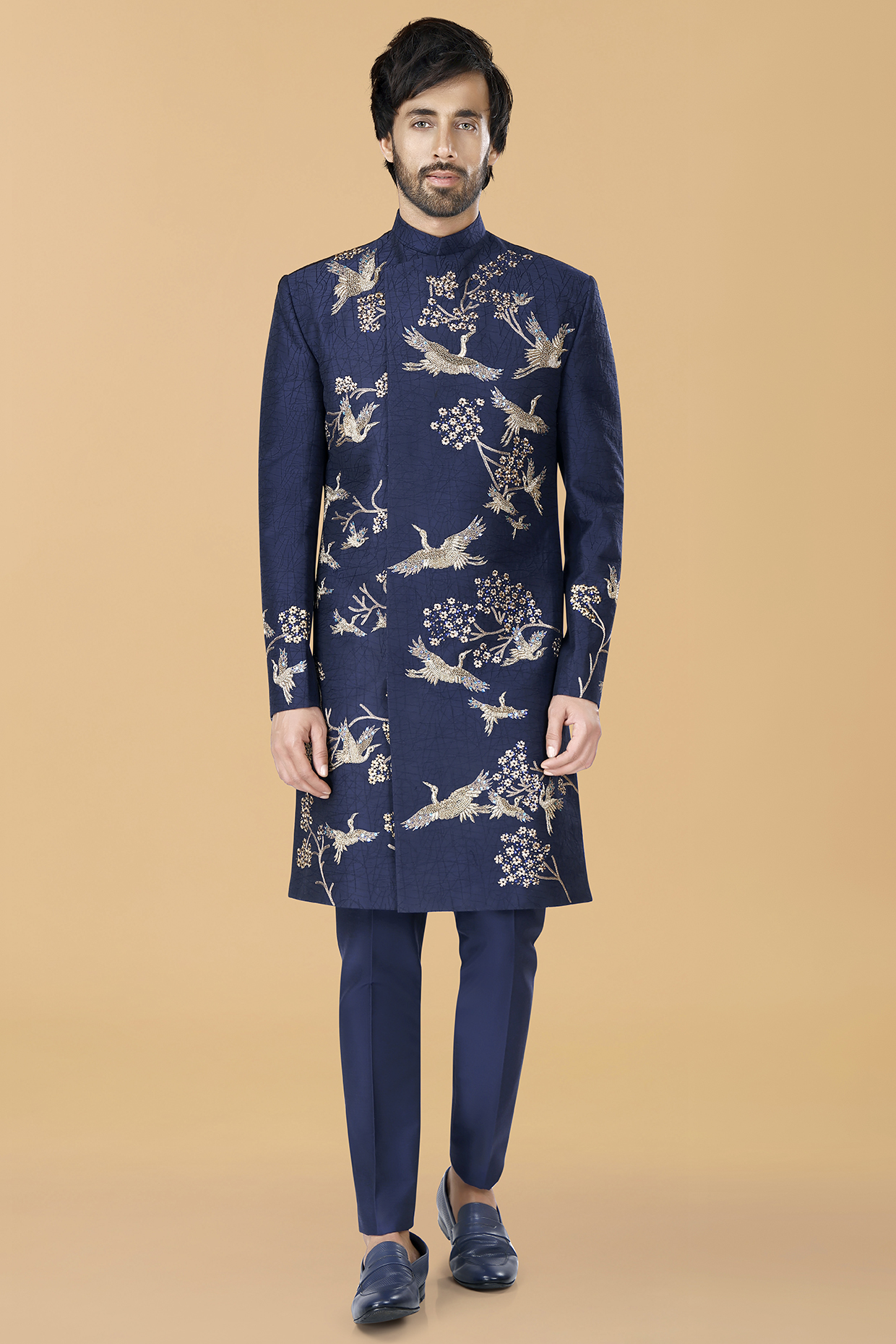 Midnight Blue Cotton Silk Zardosi Embroidered Indo-Western Set by SURBHI PANSARI