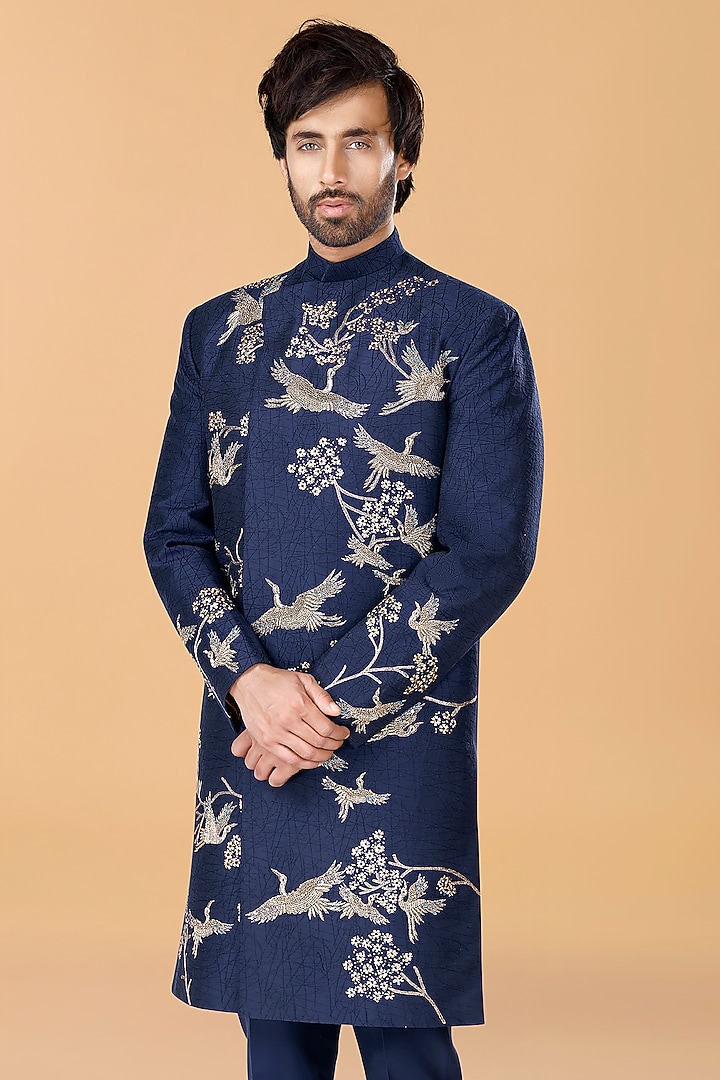 Midnight Blue Cotton Silk Zardosi Embroidered Indo-Western Set by SURBHI PANSARI at Pernia's Pop Up Shop