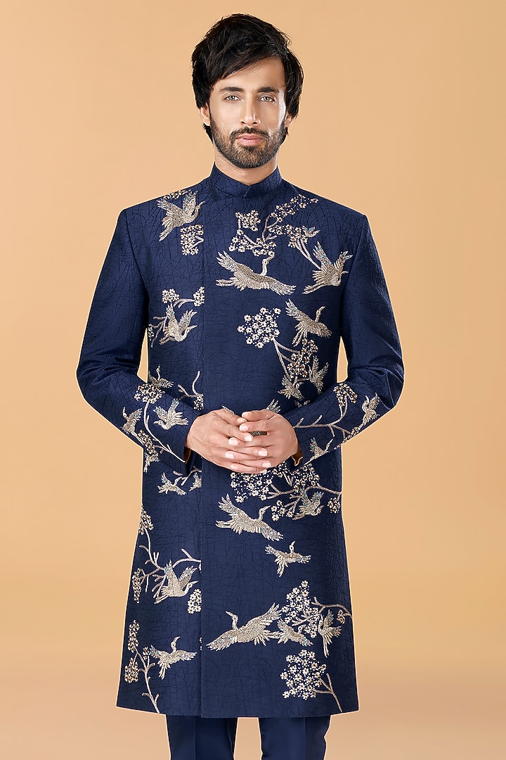 Midnight Blue Cotton Silk Zardosi Embroidered Indo-Western Set by SURBHI PANSARI at Pernia's Pop Up Shop