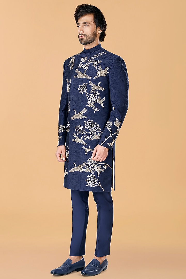 Midnight Blue Cotton Silk Zardosi Embroidered Indo-Western Set by SURBHI PANSARI at Pernia's Pop Up Shop