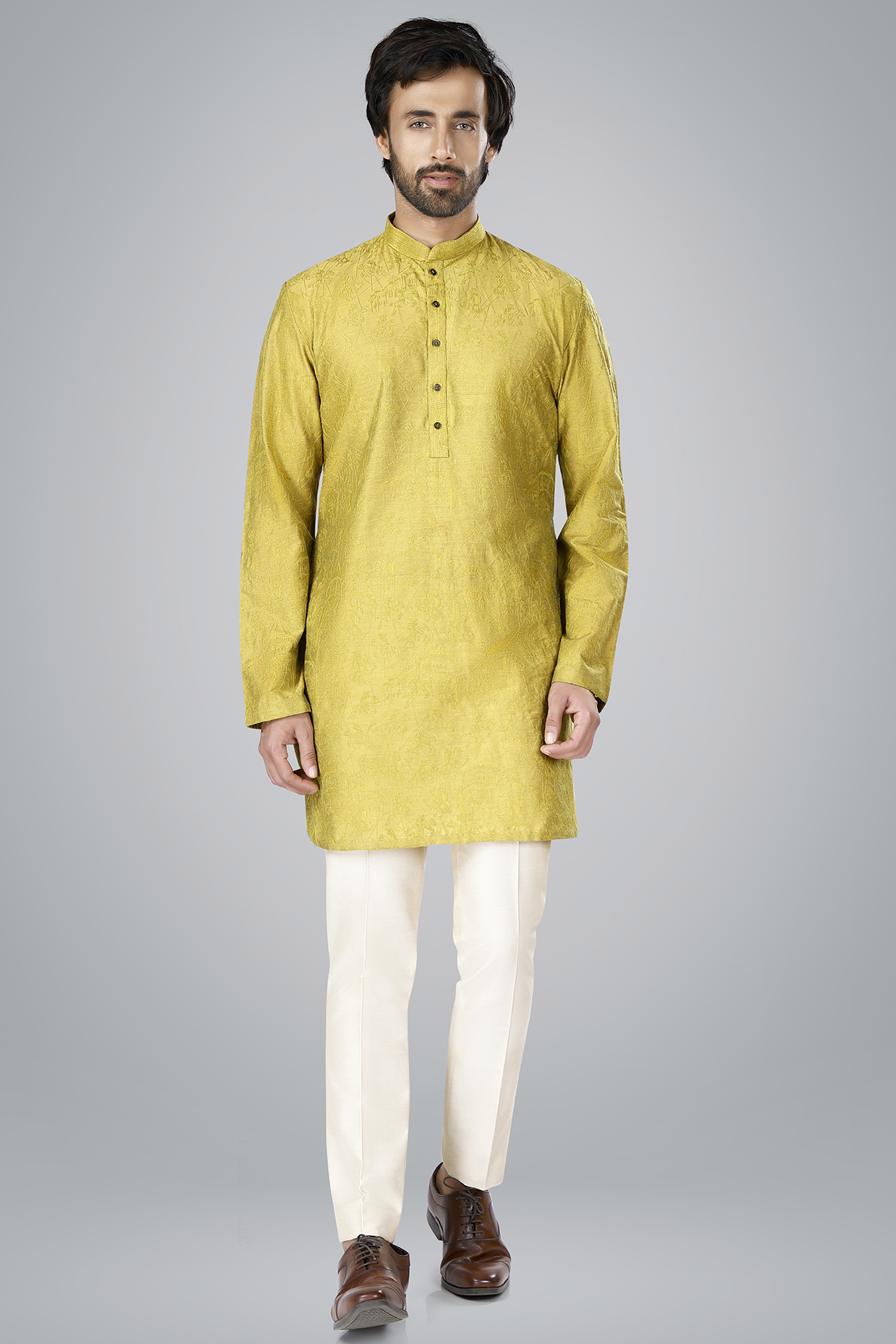 Guacamole-Colored Cotton Silk Thread Embroidered Kurta Set by SURBHI PANSARI