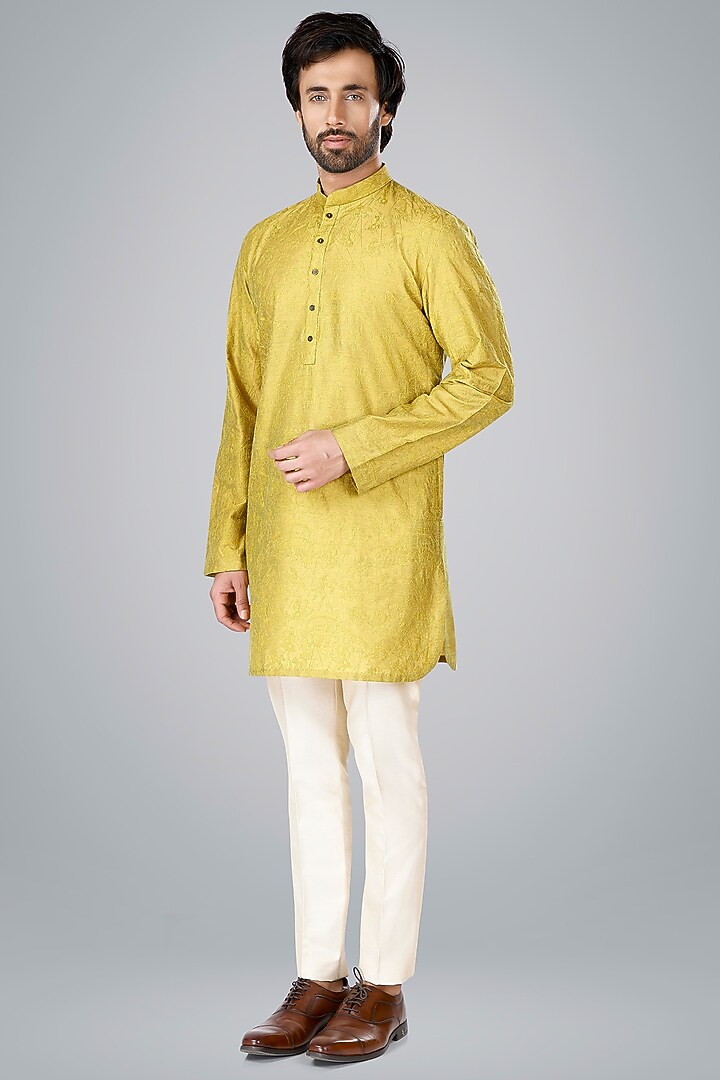 Lime Cotton Silk Thread Embroidered Kurta Set by SURBHI PANSARI at Pernia's Pop Up Shop