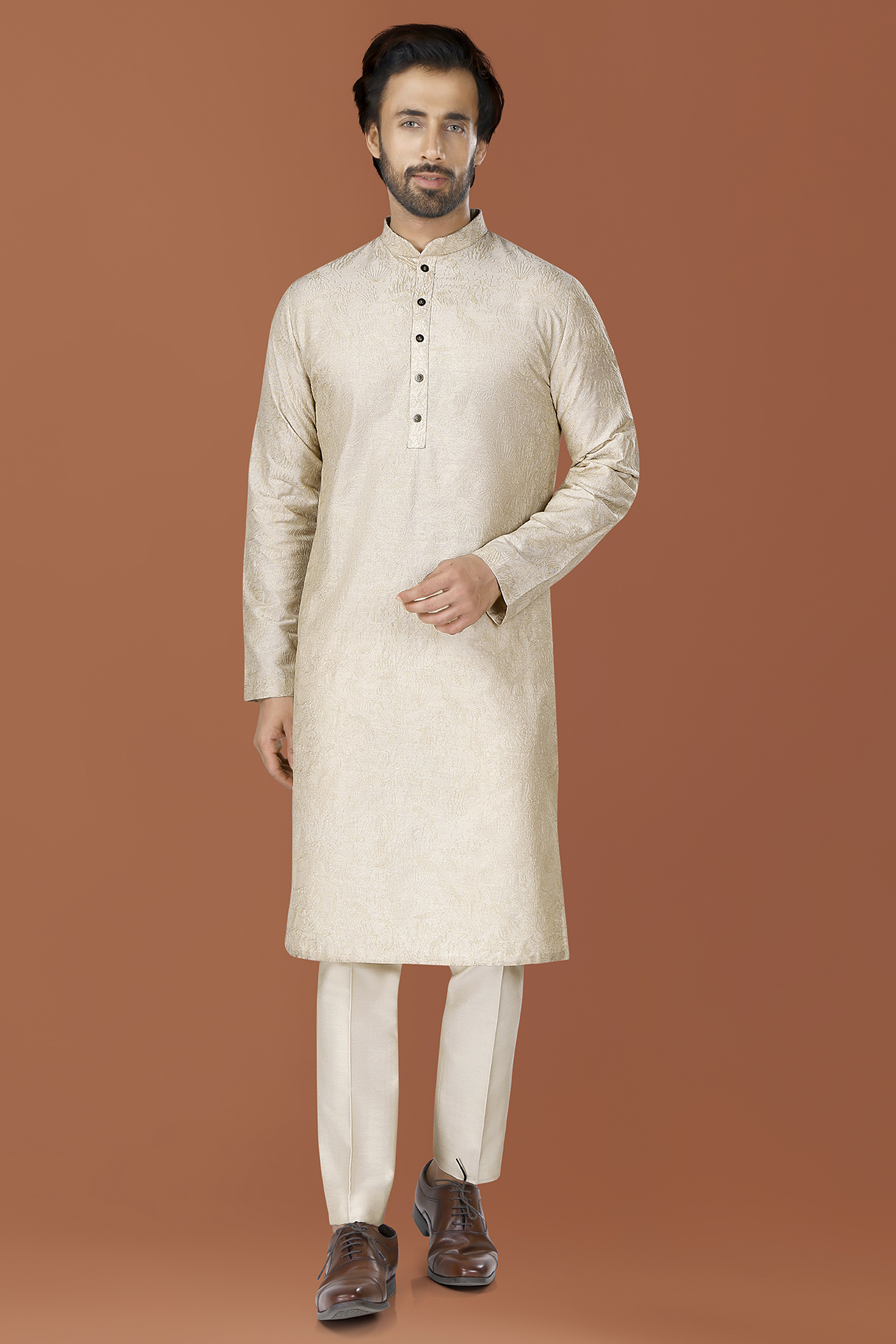 Pistachio Beige Cotton Silk Zari Embroidered Kurta Set by SURBHI PANSARI