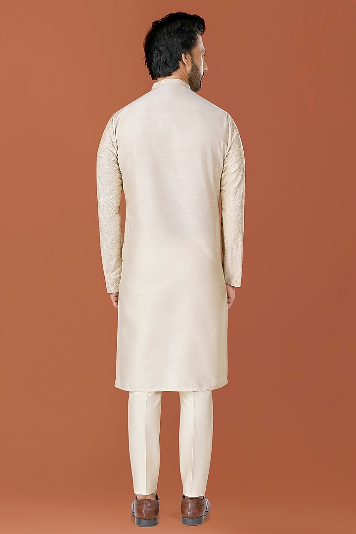 Pistachio Beige Cotton Silk Zari Embroidered Kurta Set by SURBHI PANSARI at Pernia's Pop Up Shop