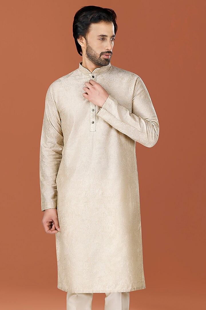 Pistachio Beige Cotton Silk Zari Embroidered Kurta Set by SURBHI PANSARI at Pernia's Pop Up Shop