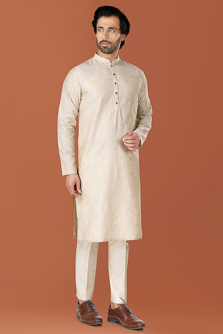 Pistachio Beige Cotton Silk Zari Embroidered Kurta Set by SURBHI PANSARI at Pernia's Pop Up Shop