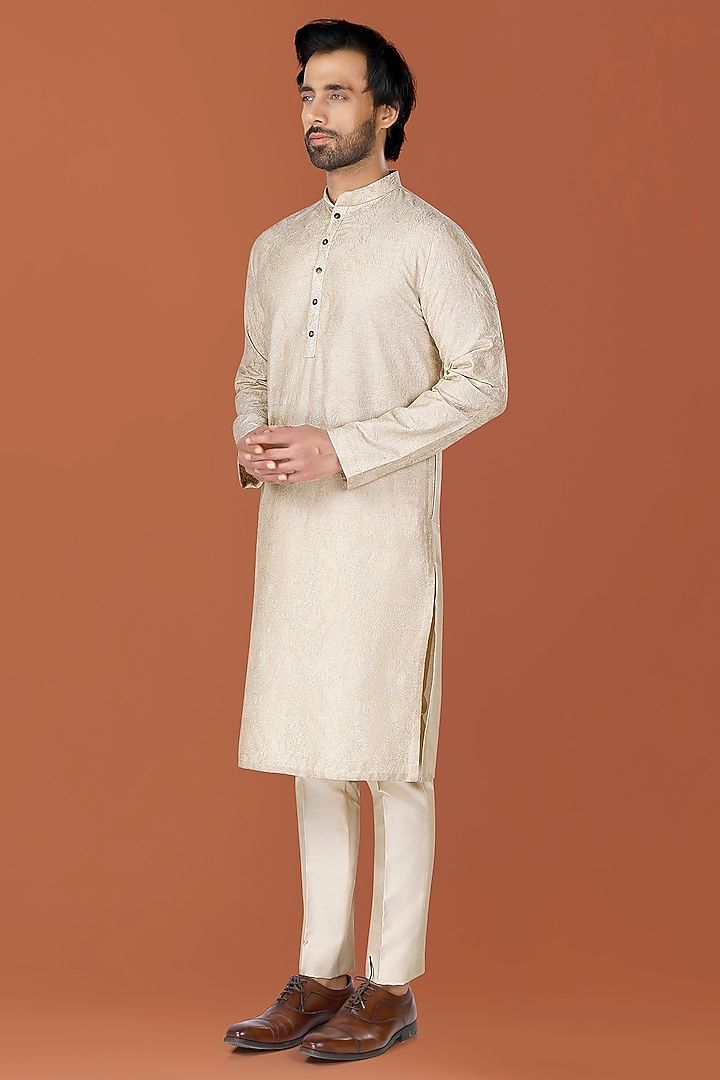Pistachio Beige Cotton Silk Zari Embroidered Kurta Set by SURBHI PANSARI at Pernia's Pop Up Shop