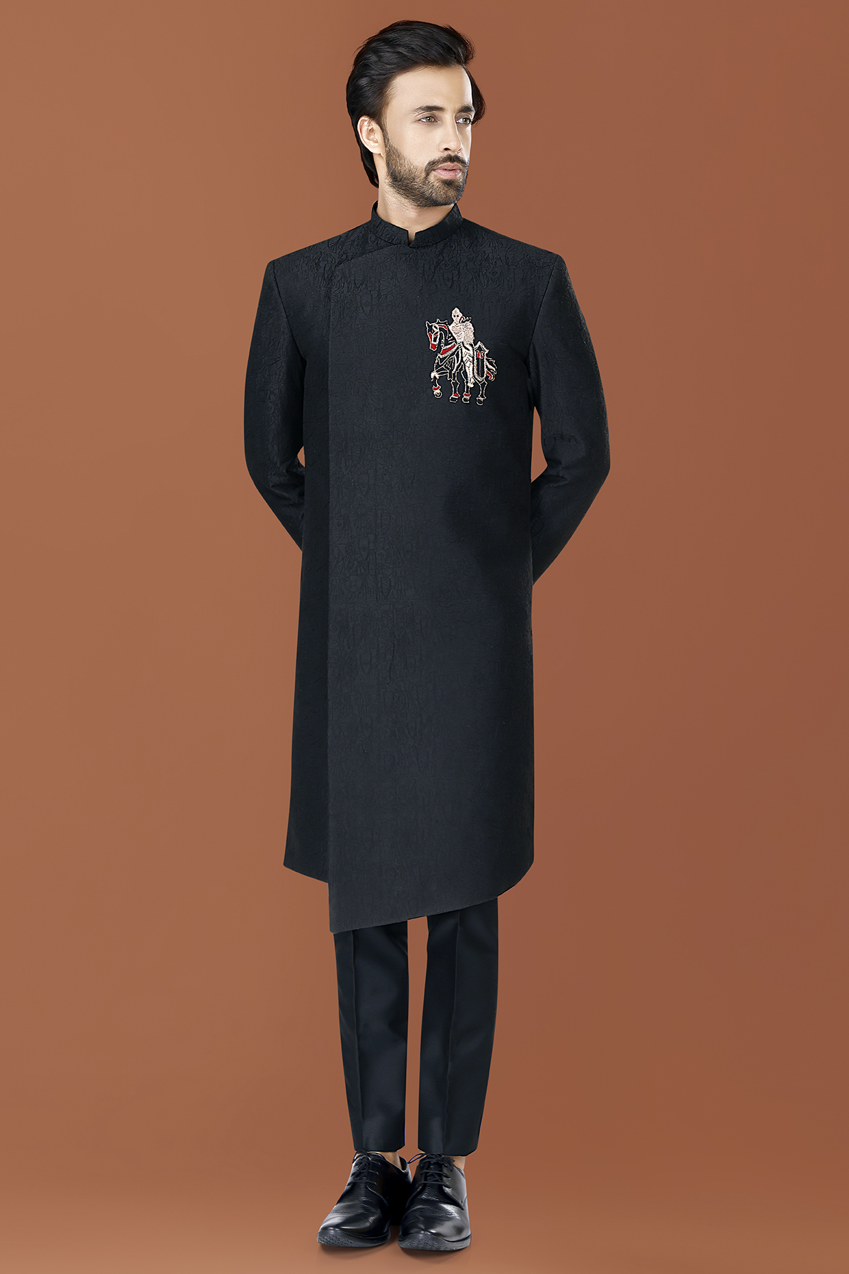 Black Cotton Silk Motif Embroidered Bandhgala Set by SURBHI PANSARI