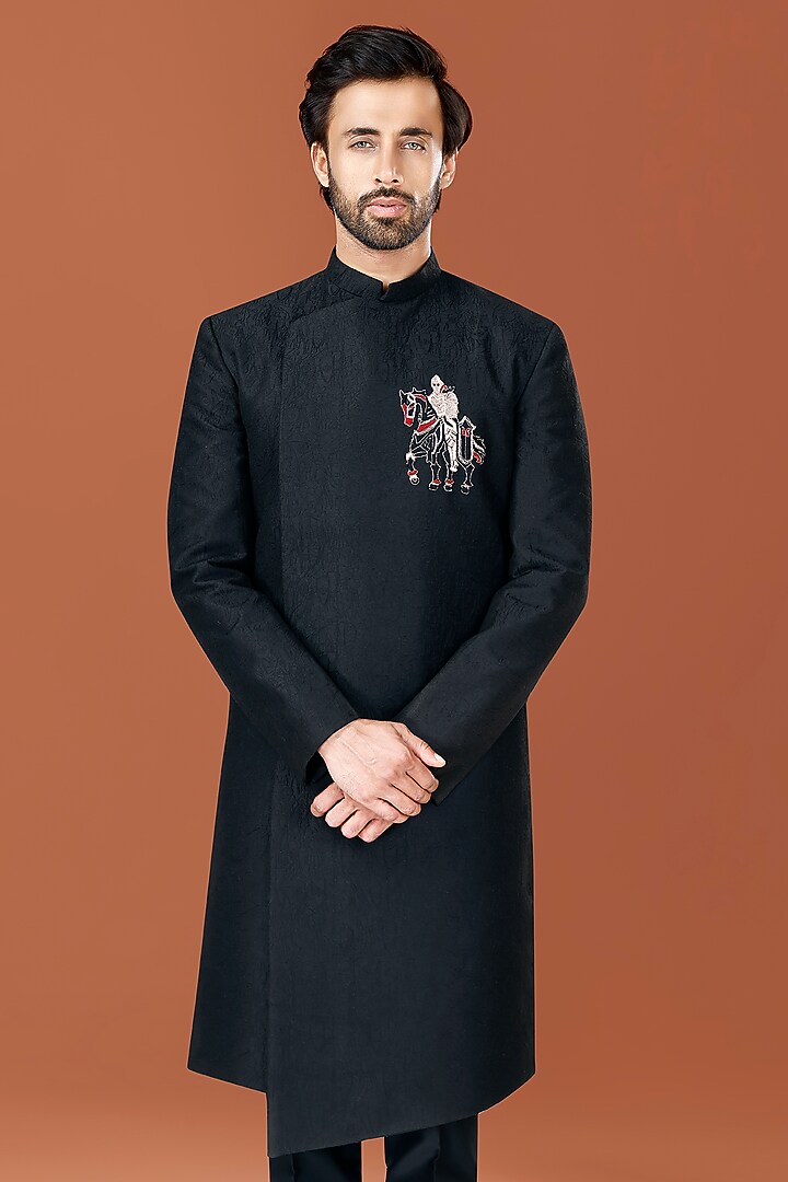 Black Cotton Silk Knight Motif Embroidered Shield Wedding Bandhgala Set by SURBHI PANSARI at Pernia's Pop Up Shop