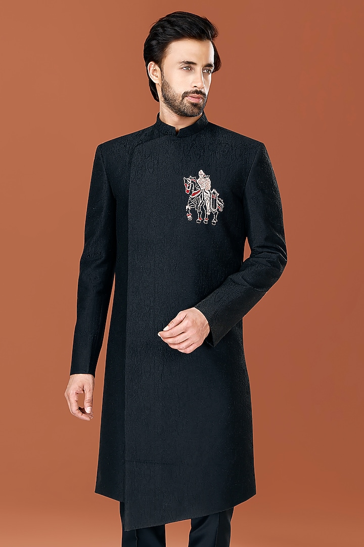 Black Cotton Silk Knight Motif Embroidered Shield Wedding Bandhgala Set by SURBHI PANSARI at Pernia's Pop Up Shop
