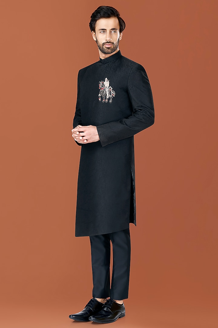 Black Cotton Silk Knight Motif Embroidered Shield Wedding Bandhgala Set by SURBHI PANSARI at Pernia's Pop Up Shop