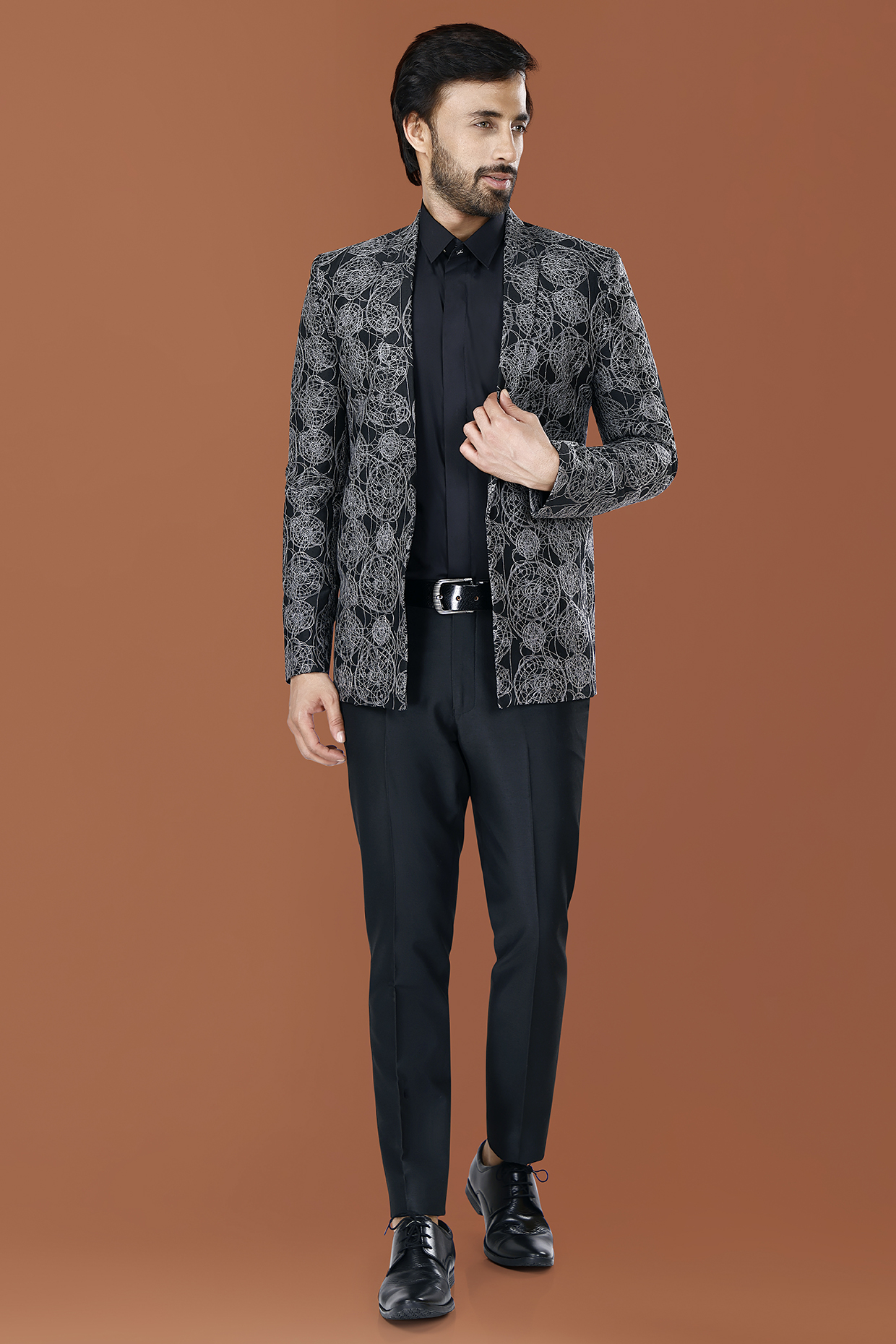 Black Cotton Silk Thread Embroidered Blazer Set by SURBHI PANSARI