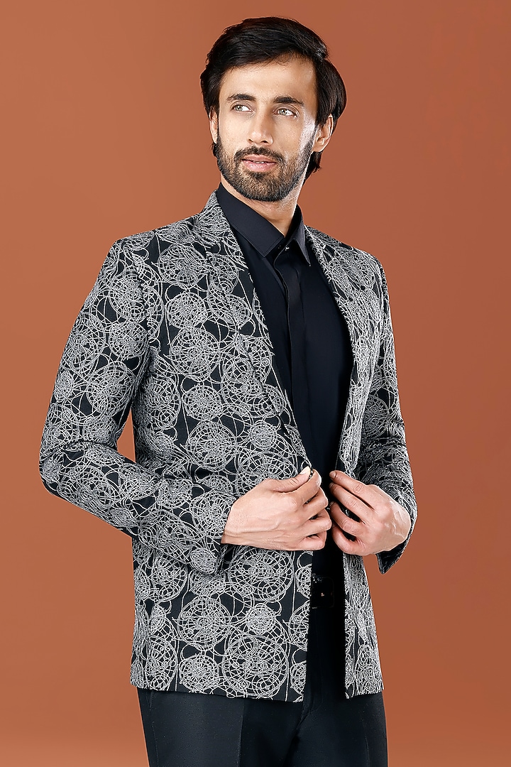 Black Cotton Silk Thread Embroidered Blazer Set by SURBHI PANSARI at Pernia's Pop Up Shop