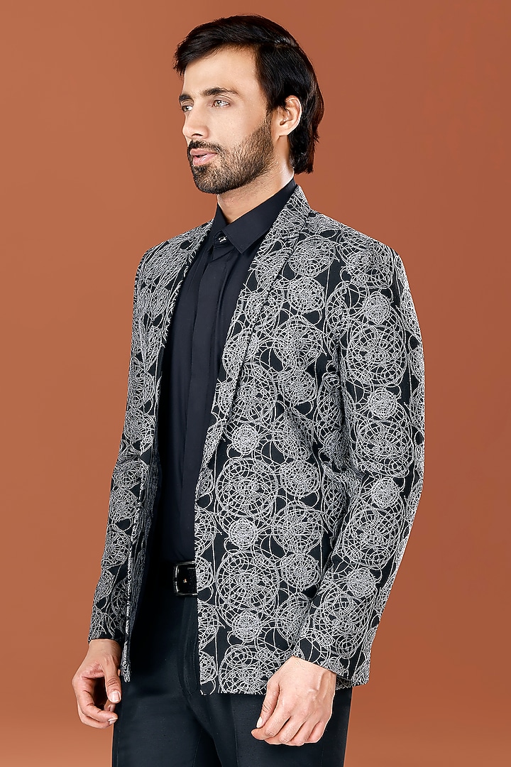 Black Cotton Silk Thread Embroidered Blazer Set by SURBHI PANSARI at Pernia's Pop Up Shop