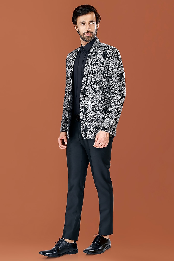 Black Cotton Silk Thread Embroidered Blazer Set by SURBHI PANSARI at Pernia's Pop Up Shop