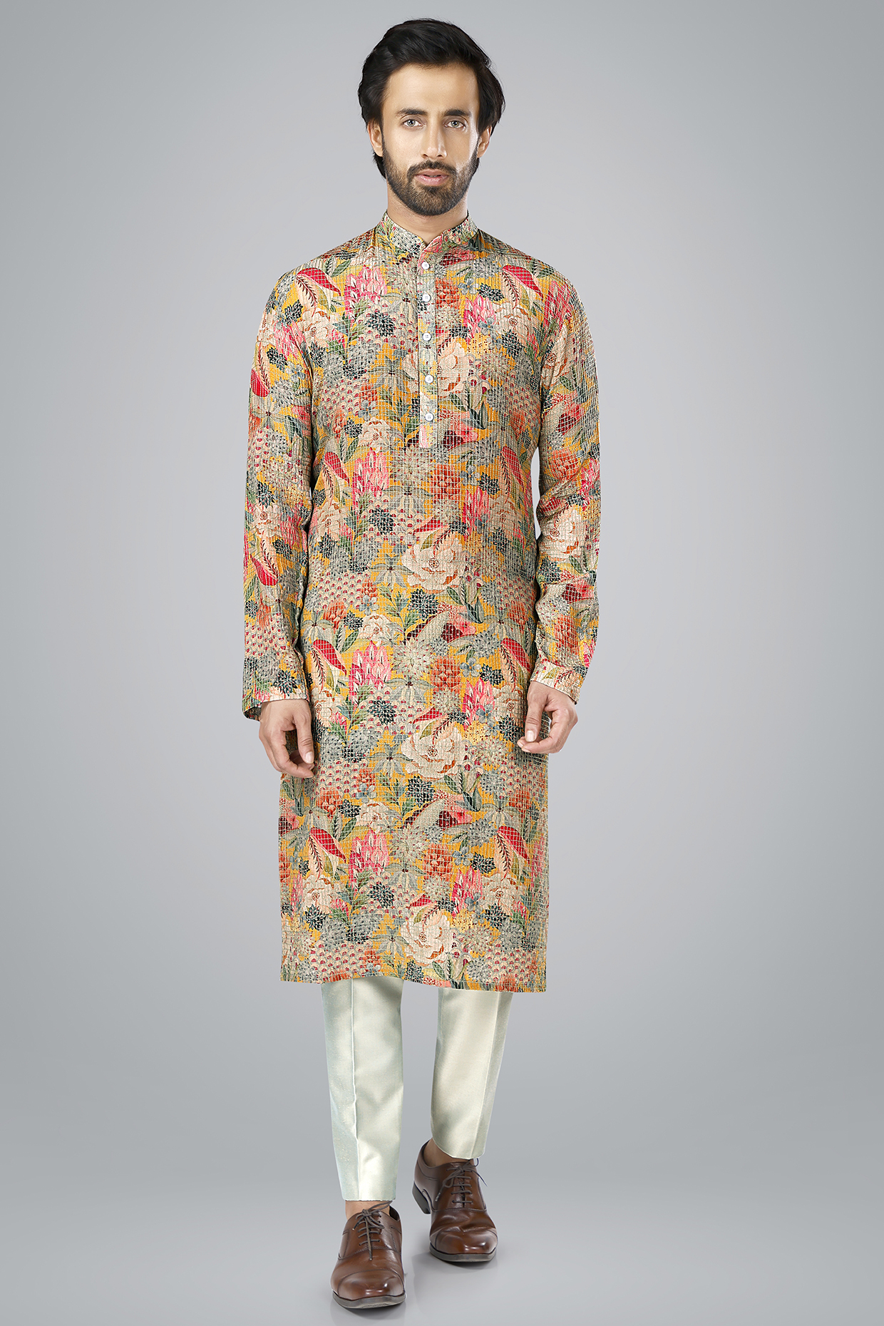 Multi-Colored Muslin Silk Floral Digital Printed Kurta Set by SURBHI PANSARI