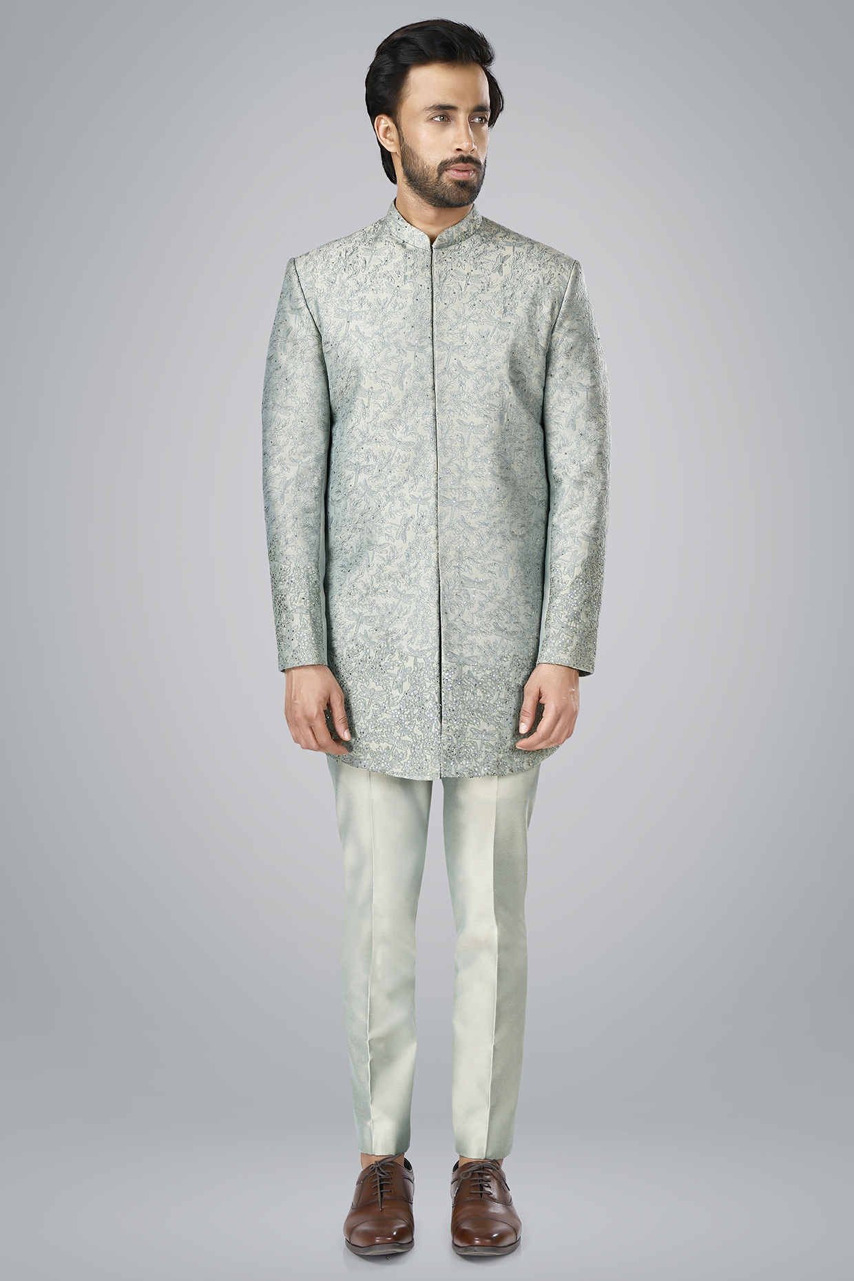 Pearl Grey Cotton Silk Sequins Embroidered Bandhgala Set by SURBHI PANSARI