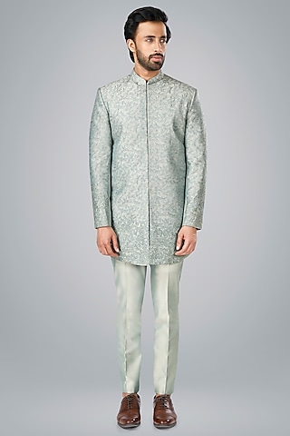 Pearl Grey Cotton Silk Sequins Embroidered Bandhgala Set by SURBHI PANSARI