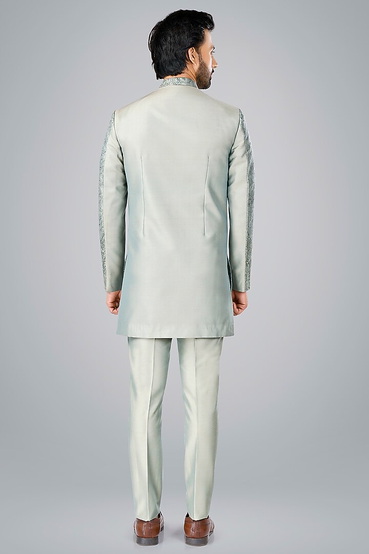 Pearl Grey Cotton Silk Sequins Embroidered Wedding Bandhgala Set by SURBHI PANSARI at Pernia's Pop Up Shop