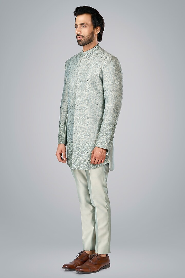 Pearl Grey Cotton Silk Sequins Embroidered Wedding Bandhgala Set by SURBHI PANSARI at Pernia's Pop Up Shop