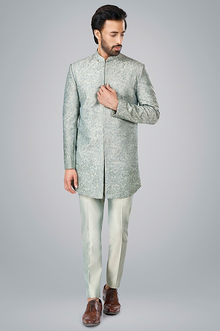 Pearl Grey Cotton Silk Sequins Embroidered Wedding Bandhgala Set by SURBHI PANSARI at Pernia's Pop Up Shop