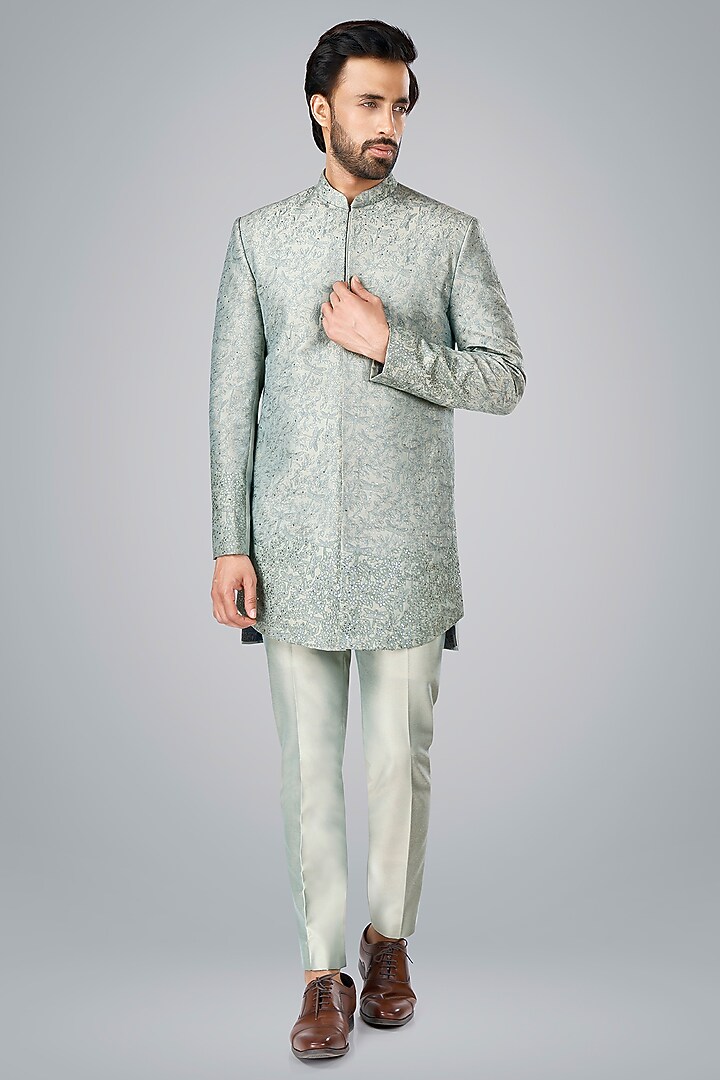 Pearl Grey Cotton Silk Sequins Embroidered Wedding Bandhgala Set by SURBHI PANSARI at Pernia's Pop Up Shop