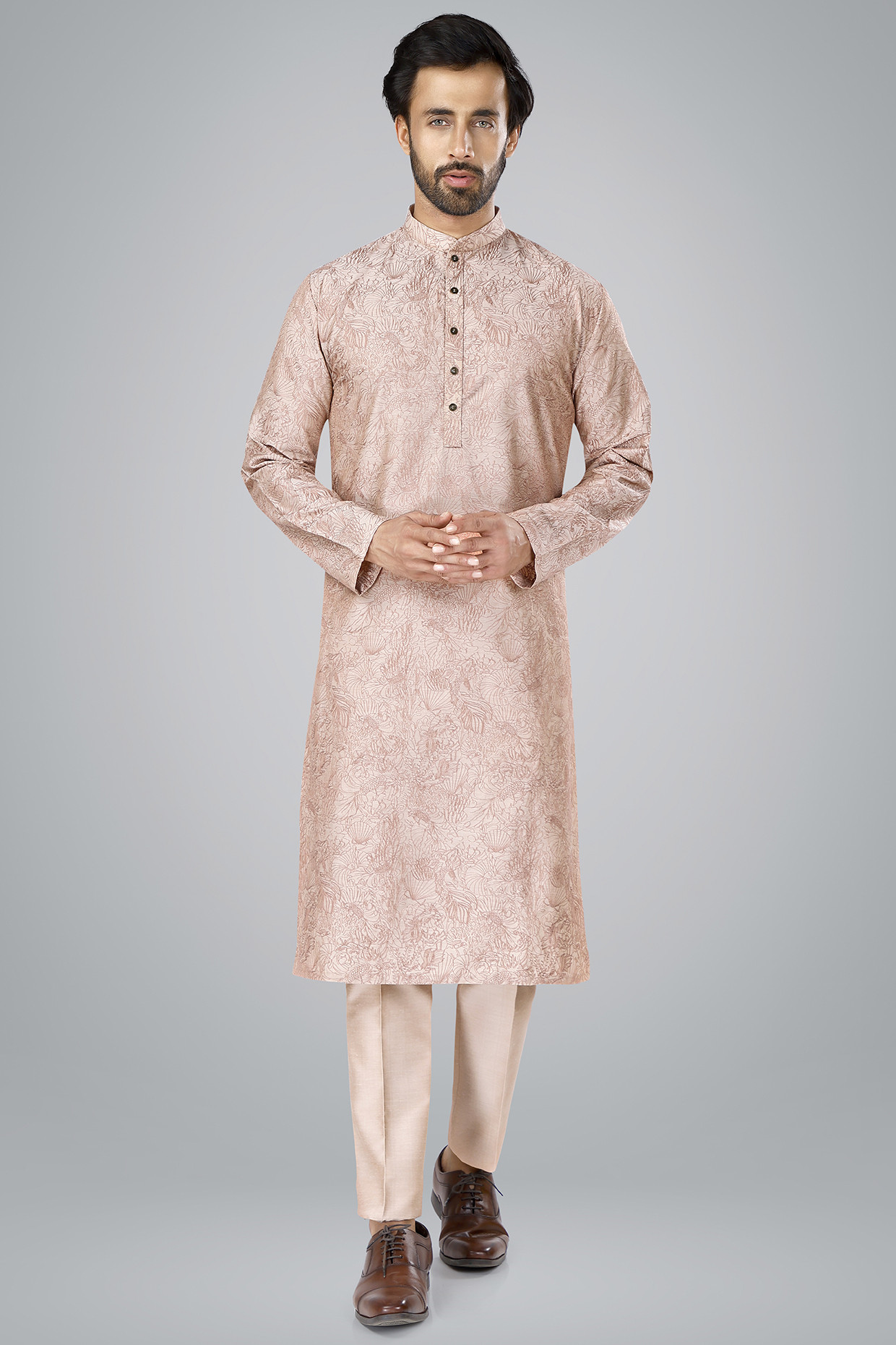 Old Rose Cotton Silk Thread Embroidered Kurta Set by SURBHI PANSARI