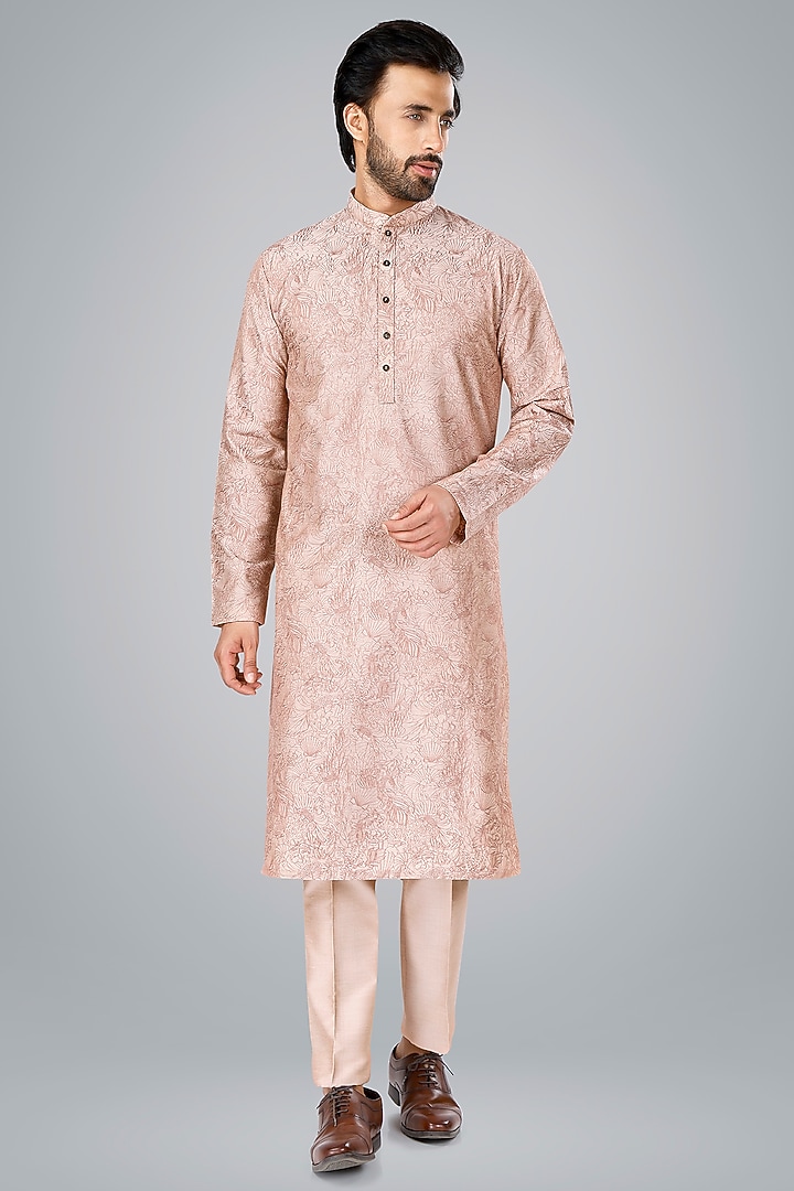 Old Rose Pink Cotton Silk Thread Embroidered Kurta Set by SURBHI PANSARI at Pernia's Pop Up Shop