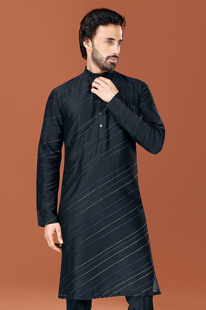 Black Cotton Silk Multi-Colored Thread Pintucked Kurta Set by SURBHI PANSARI at Pernia's Pop Up Shop