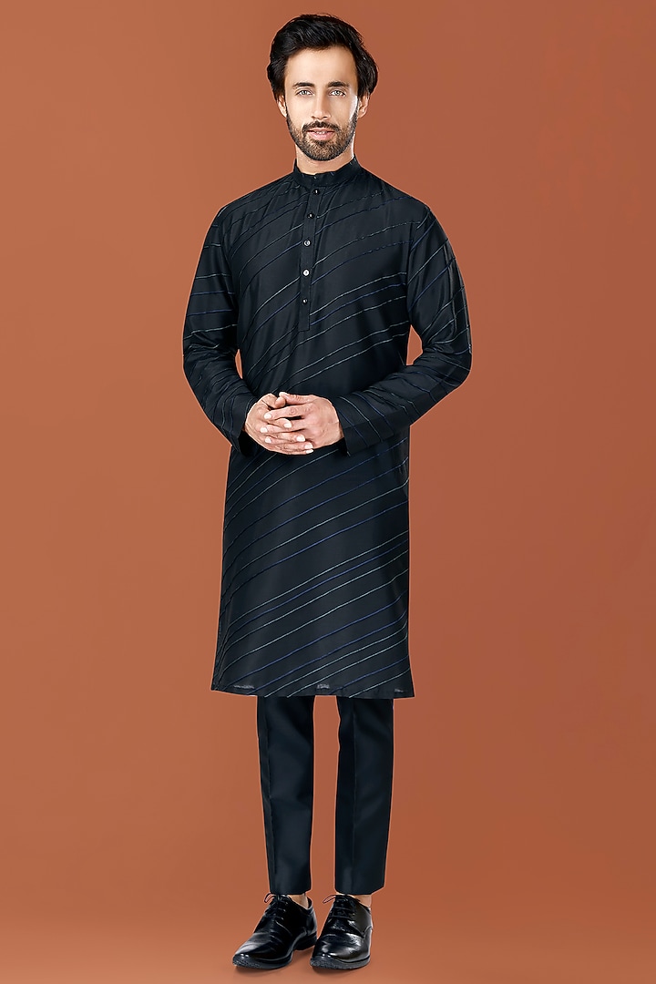 Black Cotton Silk Multi-Colored Thread Pintucked Kurta Set by SURBHI PANSARI at Pernia's Pop Up Shop
