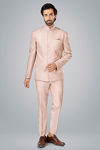 Old Rose Pink Cotton Silk Thread Embroidered Bandhgala Set by SURBHI PANSARI