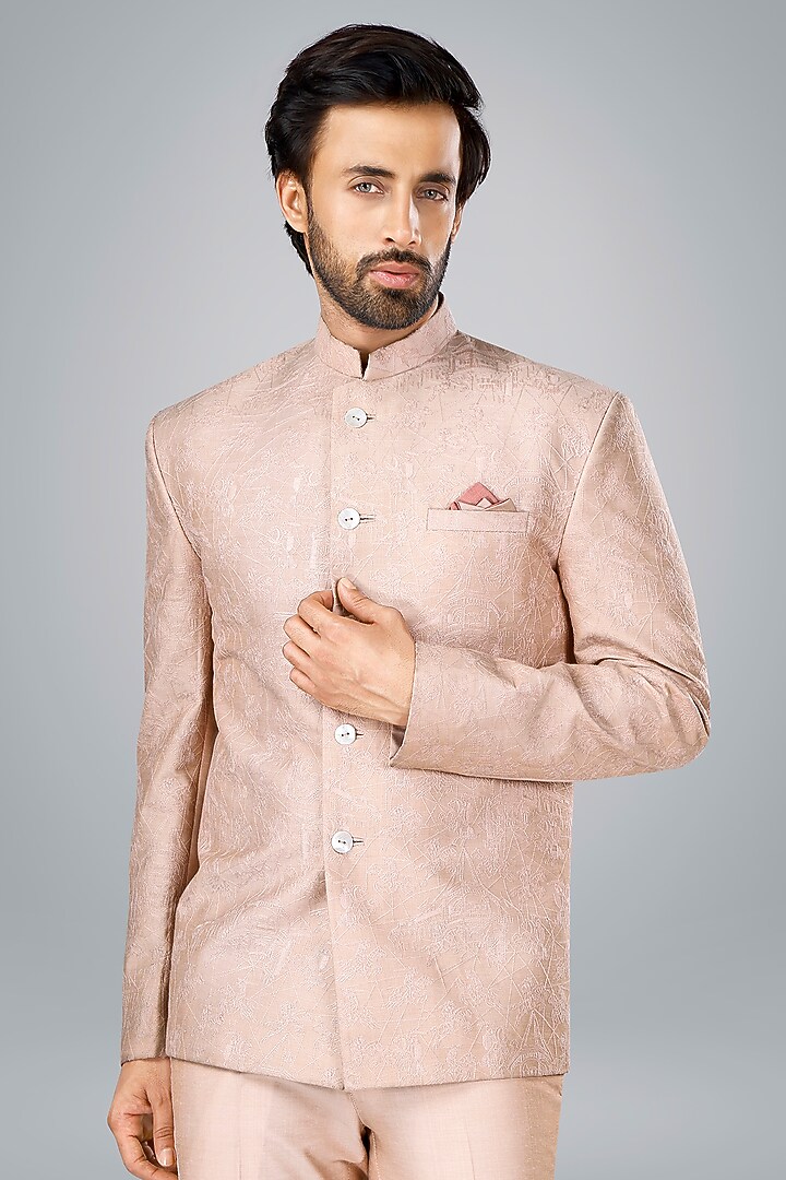 Old Rose Pink Cotton Silk Thread Embroidered Wedding Bandhgala Set by SURBHI PANSARI at Pernia's Pop Up Shop