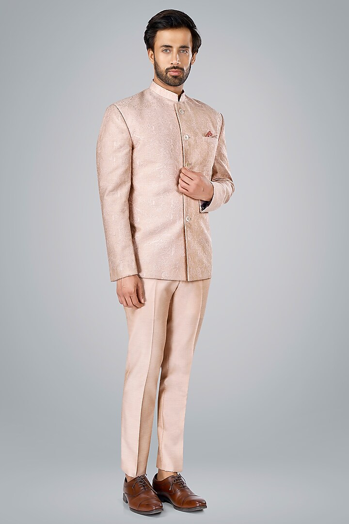 Old Rose Pink Cotton Silk Thread Embroidered Wedding Bandhgala Set by SURBHI PANSARI at Pernia's Pop Up Shop