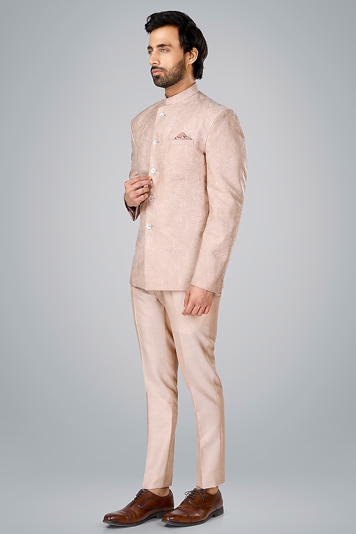 Old Rose Pink Cotton Silk Thread Embroidered Wedding Bandhgala Set by SURBHI PANSARI at Pernia's Pop Up Shop