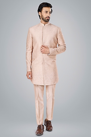 Old Rose Pink Cotton Silk Thread Embroidered Bandhgala Set by SURBHI PANSARI