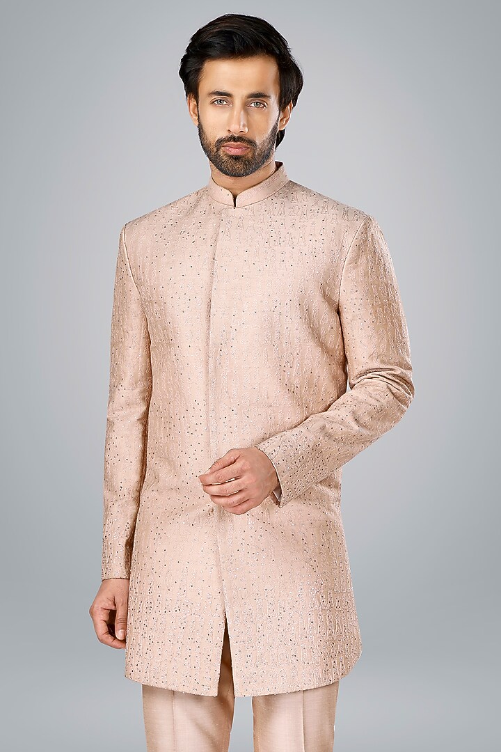 Old Rose Pink Cotton Silk Thread Embroidered Wedding Bandhgala Set by SURBHI PANSARI at Pernia's Pop Up Shop
