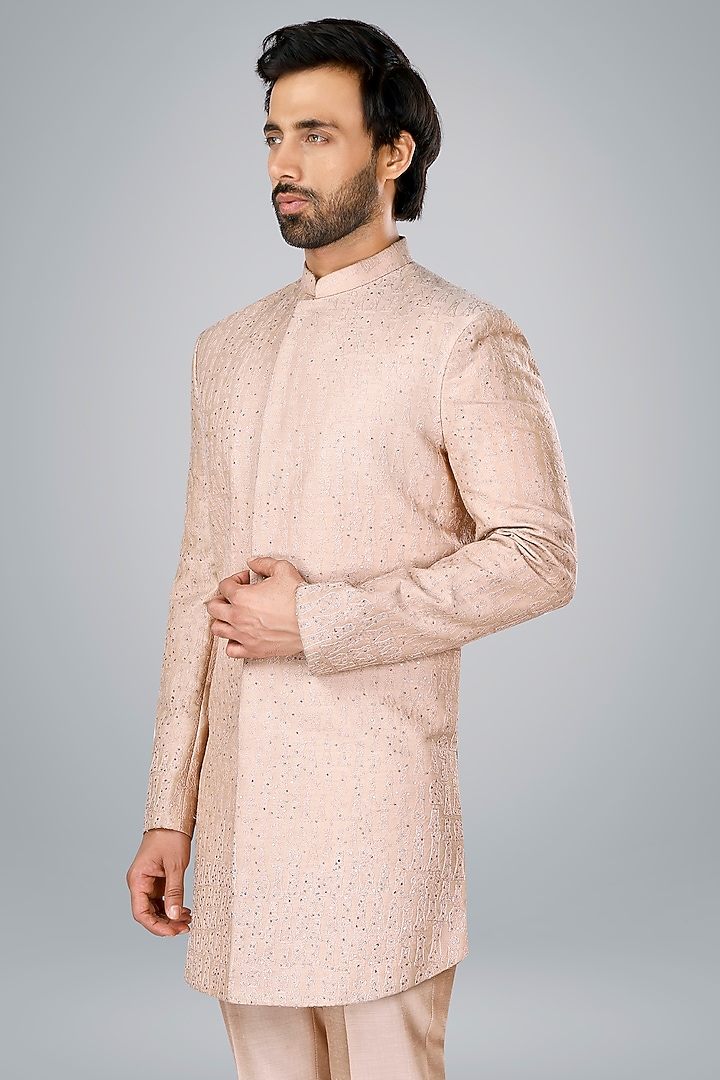 Old Rose Pink Cotton Silk Thread Embroidered Wedding Bandhgala Set by SURBHI PANSARI at Pernia's Pop Up Shop