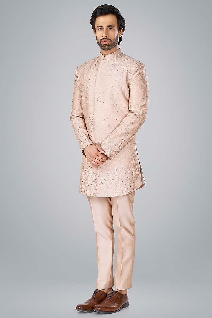 Old Rose Pink Cotton Silk Thread Embroidered Wedding Bandhgala Set by SURBHI PANSARI at Pernia's Pop Up Shop