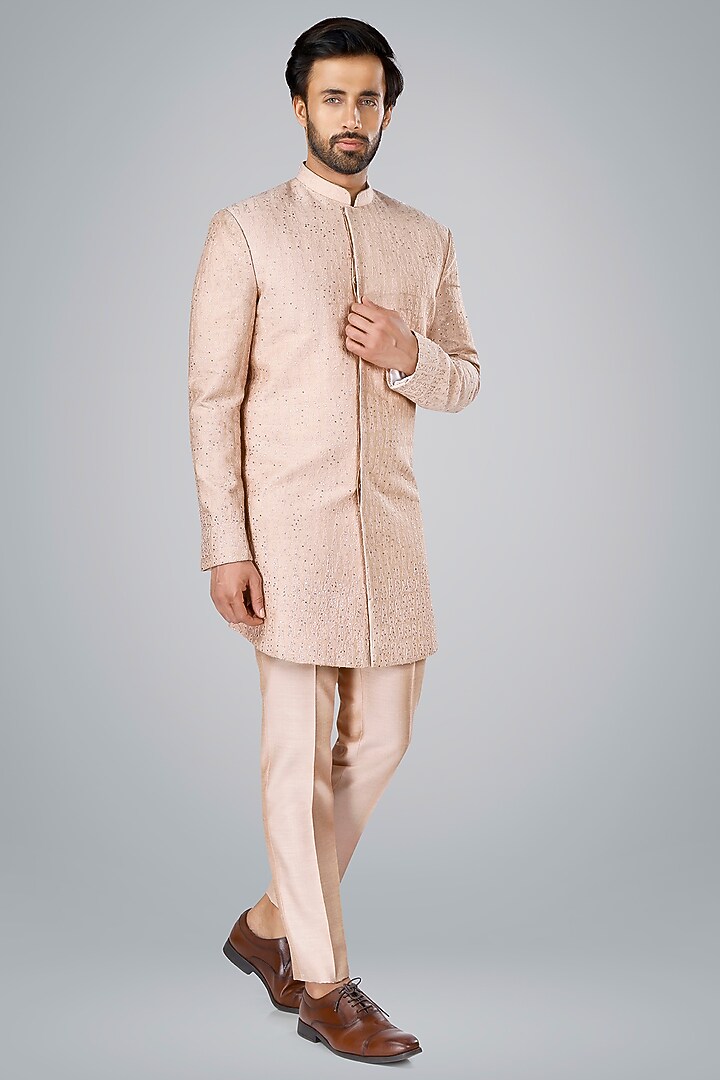 Old Rose Pink Cotton Silk Thread Embroidered Wedding Bandhgala Set by SURBHI PANSARI at Pernia's Pop Up Shop
