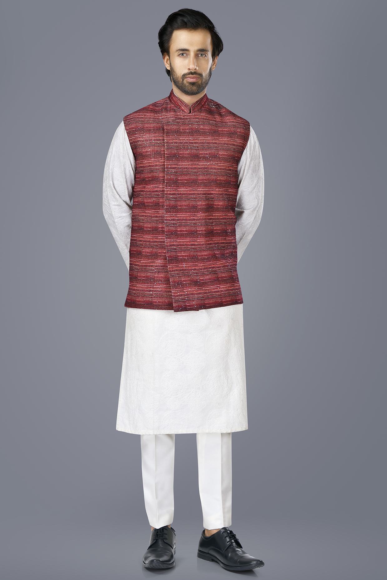 Plum Velvet Sequins Embroidered Asymmetric Nehru Jacket Set by SURBHI PANSARI