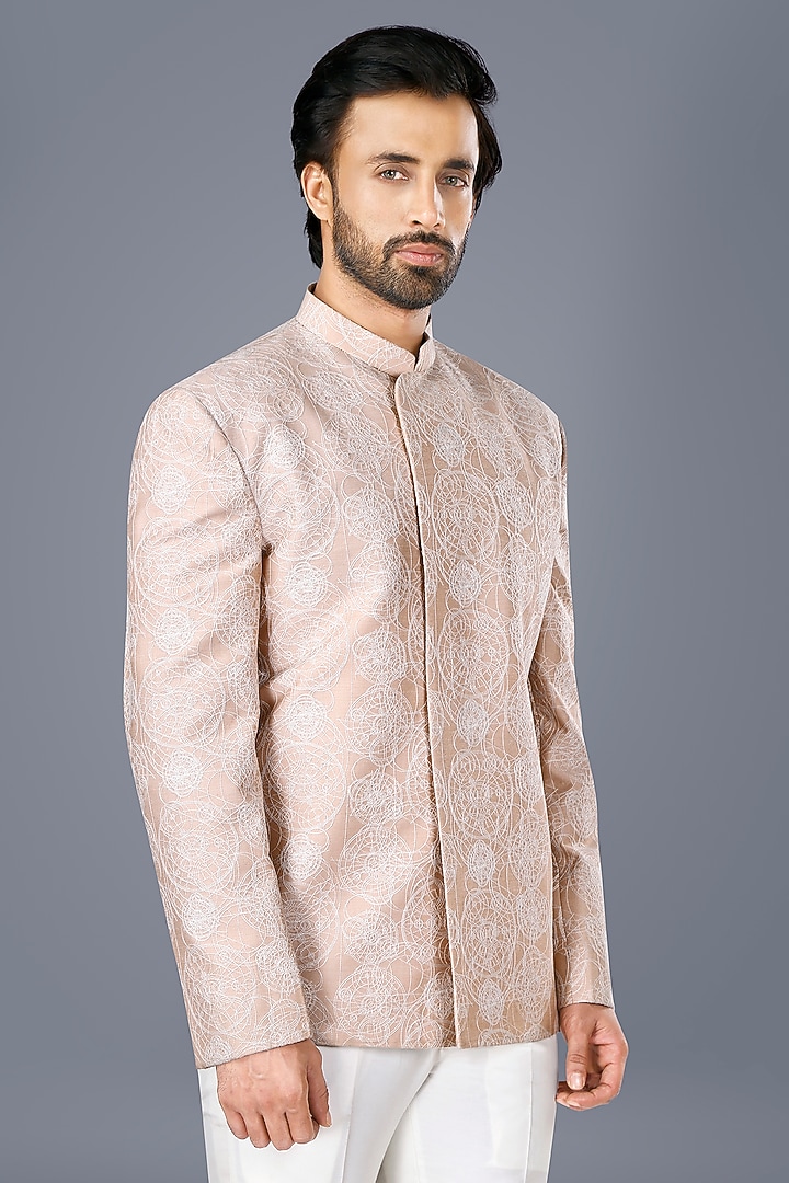 Old Rose Pink Cotton Silk Thread Embroidered Wedding Bandhgala Set by SURBHI PANSARI at Pernia's Pop Up Shop