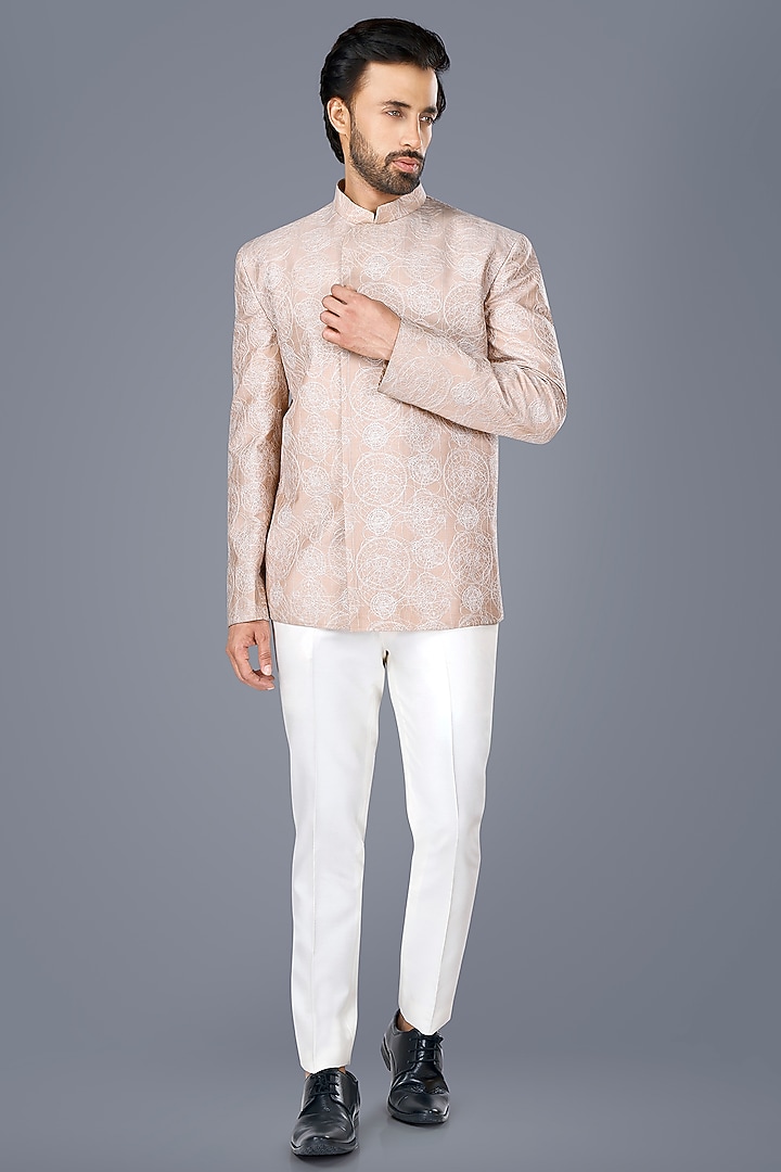 Old Rose Pink Cotton Silk Thread Embroidered Wedding Bandhgala Set by SURBHI PANSARI at Pernia's Pop Up Shop