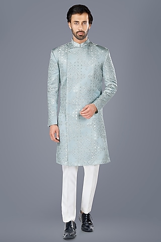 Aqua Blue Suiting Hand Embroidered Asymmetric Bandhgala Set by SURBHI PANSARI