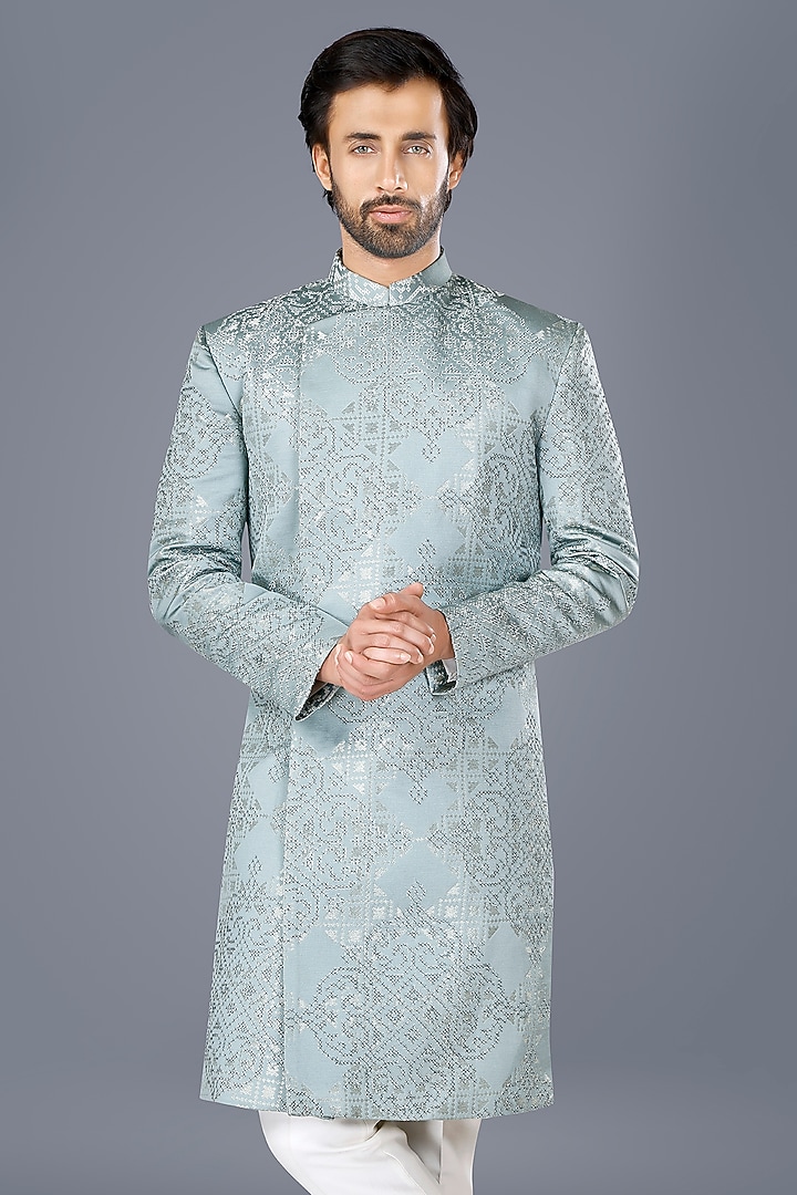 Aqua Blue Suiting Hand Embroidered Asymmetric Wedding Bandhgala Set by SURBHI PANSARI at Pernia's Pop Up Shop