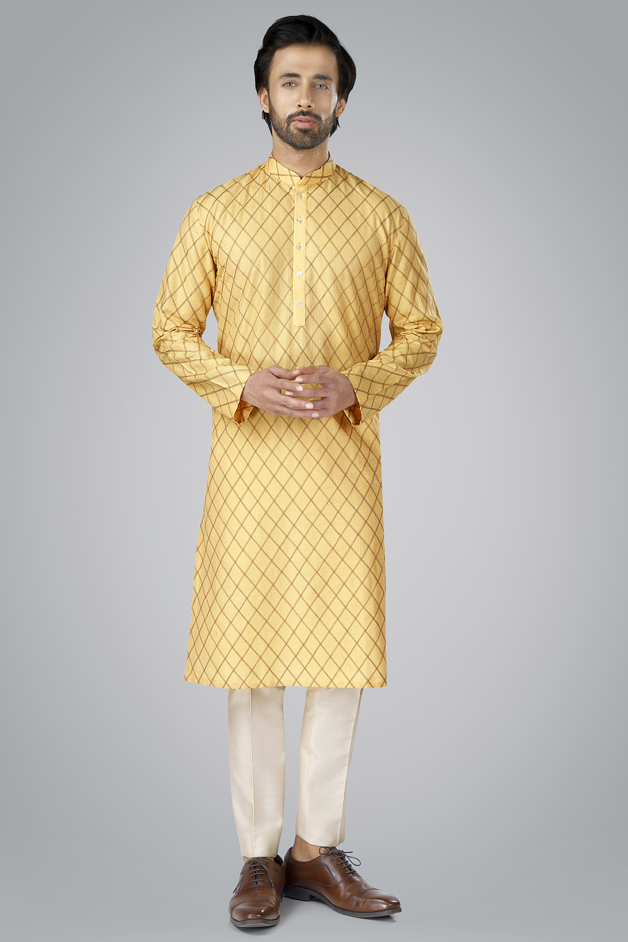 Sunset Yellow Cotton Silk Thread Embroidered Kurta Set by SURBHI PANSARI