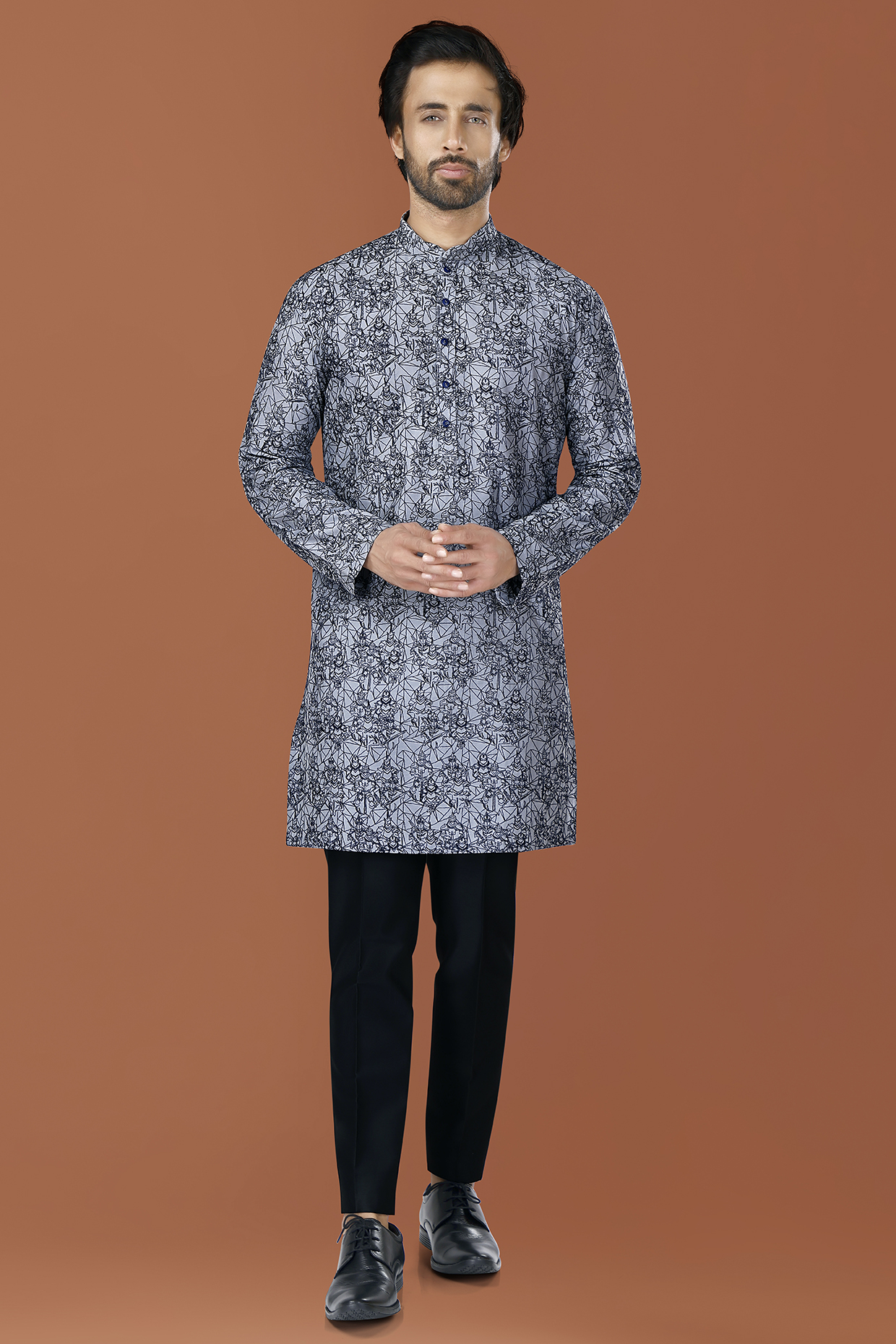 Stone Blue Cotton Silk Thread Embroidered Kurta Set by SURBHI PANSARI