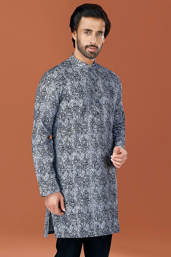 Stone Blue Cotton Silk Thread Embroidered Kurta Set by SURBHI PANSARI at Pernia's Pop Up Shop