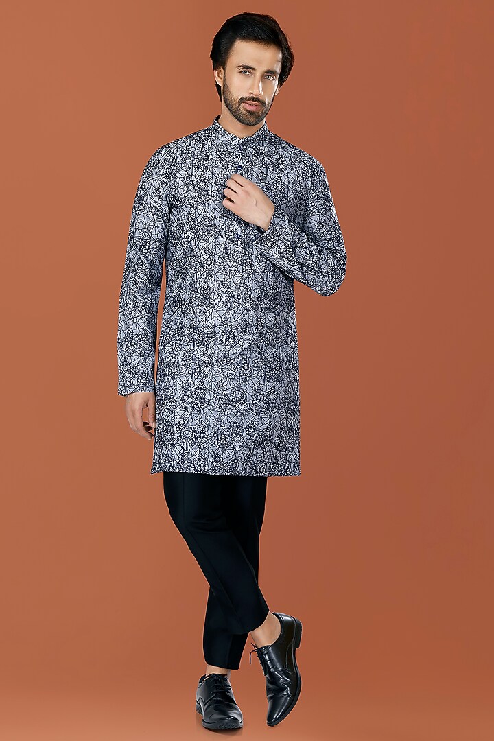 Stone Blue Cotton Silk Thread Embroidered Kurta Set by SURBHI PANSARI at Pernia's Pop Up Shop