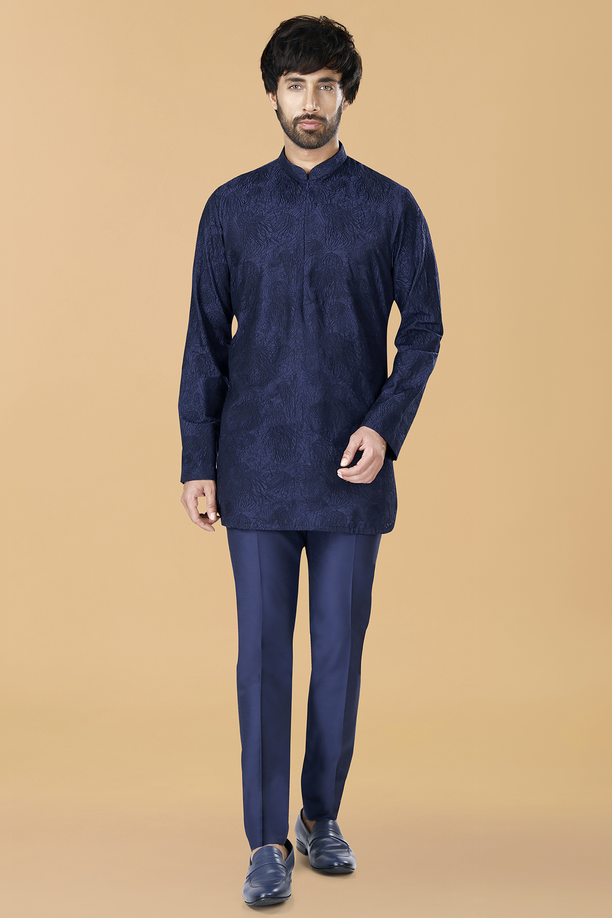 Midnight Blue Cotton Silk Jellyfish Embroidered Kurta Set by SURBHI PANSARI